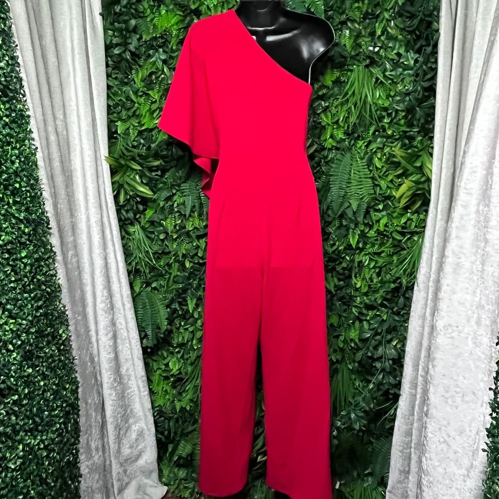 Adrianna Papell Pants Jumpsuit 10 Red One Shoulder Cape‎ Overlay Wide Leg 3851 - Picture 7 of 8